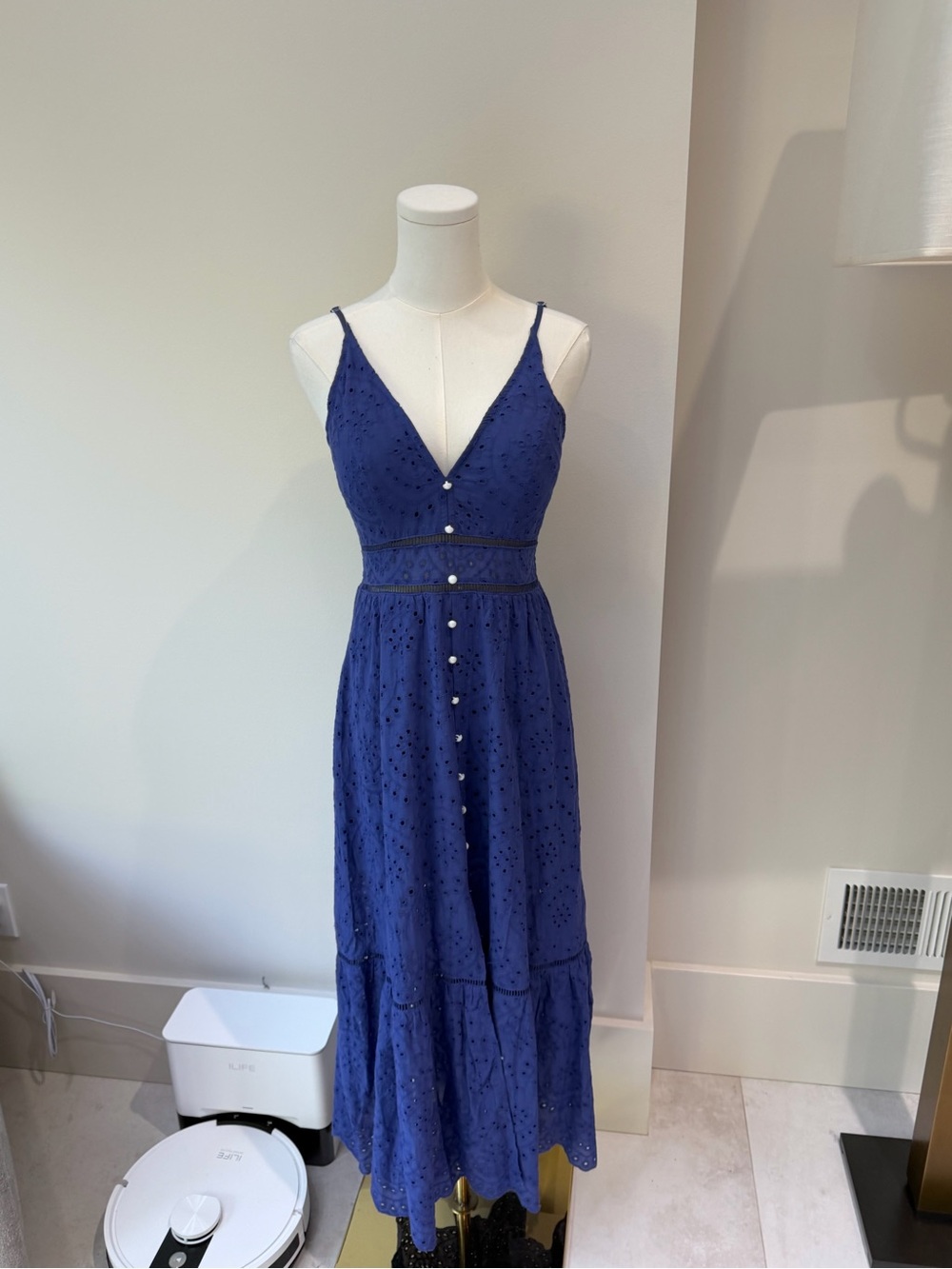 Simplee Apparel Navy Eyelet Button-Front Maxi Dress